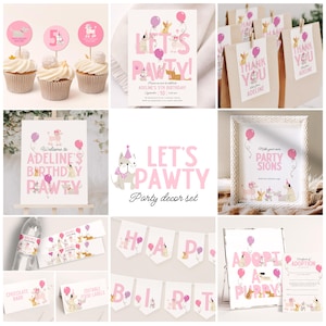 Pink Dog Birthday Party Invitation Bundle, Puppy Pawty Invitation Template, Girl Puppy Birthday Party Decorations Set, Let&#39;s Pawty Dcor B939