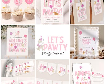 May include: A collection of pink and white party decorations with a dog theme. Includes cupcake toppers, invitations, gift tags, a welcome sign, a banner, and signs that say "Let's Pawty" and "Adopt a Puppy".