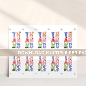 May include: White cards with the word "THANKS" in colorful, whimsical letters. The letters are decorated with flowers, bees, and ladybugs. The text "DOWNLOAD MULTIPLE PER PAGE" is also visible.