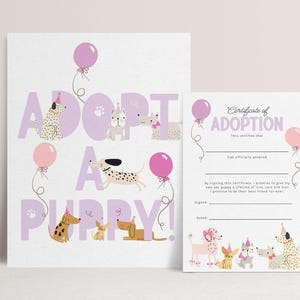 Adopt a Puppy Game, Printable Dog Adoption Certificate, Adopt a Pet Dog, Girl Birthday Activities, Puppy Party Adoption Game B936