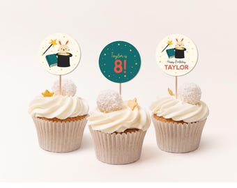 Magic Birthday Cupcake Toppers, Magician Party Circles Editable Template B405