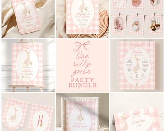 One Silly Goose Birthday Set, Girl 1st Birthday Party Bundle, Goose Birthday Invitation, Party Decorations Printable, Pink Goose Evite B847