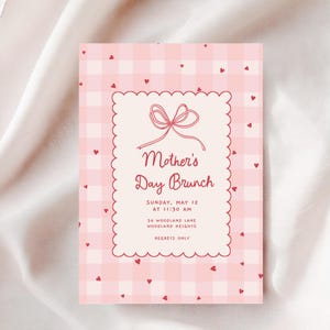 Moederdagbrunchuitnodiging, roze strik Moederdaguitnodiging, Moederdaglunchuitnodiging, handgeschreven Moederdagbrunch Evite B961