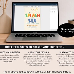 May include: A laptop displays a birthday invitation design with the text "Splash into Six" in colorful letters. The image includes instructions for editing, downloading, and printing the invitation. A mug and decorative vase are also visible.