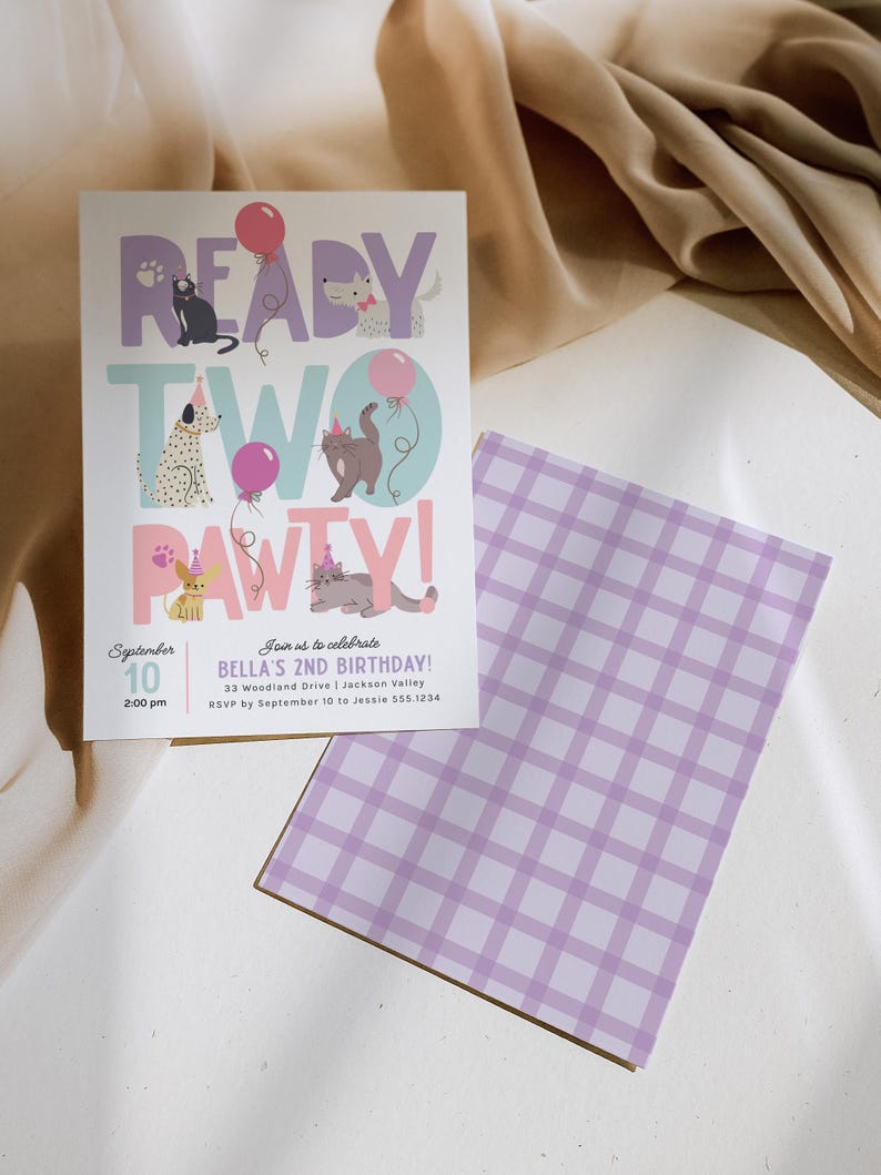 May include: A birthday party invitation with the words "READY TWO PAWTY!" and illustrations of cats and dogs. The invitation is white with a purple and pink color scheme. The back of the invitation has a purple and white checkered pattern.