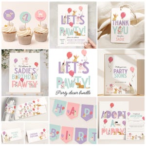Puppy Party Invitation Bundle, Editable Girl Dog Birthday Party Decorations Printable, Puppy Dog Birthday Invitation Template Set B969