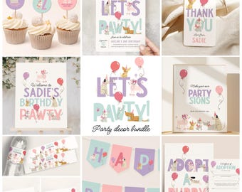 May include: A collection of party decorations with a dog theme. Includes cupcake toppers, invitations, thank you tags, signs, editable food labels, popcorn labels, banners, and adoption certificates. The designs feature illustrations of dogs, balloons, and the text "Let's Pawty!"