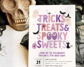 Tricks Treats and Spooky Sweets Halloween Party Invitation Template Printable B436