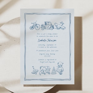 Jongen babyshower uitnodiging, handgetekende babyshower uitnodiging sjabloon, schetsmatig speelgoed babyshower uitnodigen bewerkbare, minimale douche Evite B562