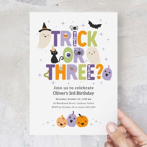 Un tour ou trois Invitation, modèle d'Invitation effrayant garçon pour le 3e anniversaire, Evite modifiable pour le troisième anniversaire d'Halloween, invitation à une fête fantôme B434