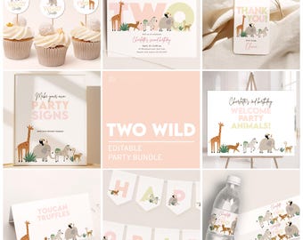 Two Wild Invitation Bundle, Girl 2nd Birthday Party Invite, Jungle Second Birthday Decorations, Zoo 2nd Birthday Party Decor Bundle B395