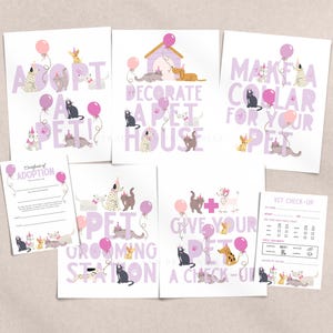 Op de afbeelding: Een verzameling briefpapier met een thema voor huisdieren, met illustraties van katten en honden. De ontwerpen bevatten zinnen als "Adopteer een huisdier", "Decoreer een dierenhuis" en "Maak een halsband voor je huisdier", evenals een dierenartscontroleformulier.