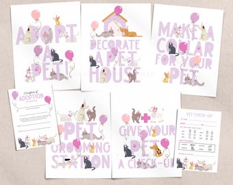 Puede incluir: Un conjunto de papelería con temática de mascotas con ilustraciones de gatos y perros. Los diseños incluyen frases como "Adopta una mascota", "Decora una casa para mascotas" y "Haz un collar para tu mascota", además de un formulario de revisión veterinaria.