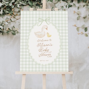 Gans Baby Shower Willkommen Schild, Salbei Grün Gingham Baby Shower Willkommen Poster Vorlage, Druckbare Geschlecht Neutral Dusche Dekorationen B868