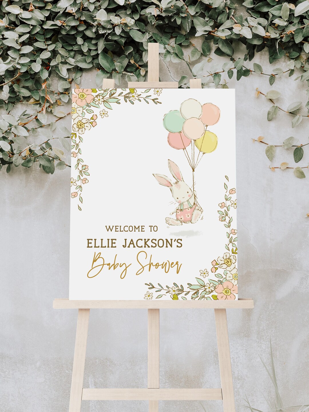Bunny Rabbit Baby Shower Sign, Printable Welcome Poster Floral Bunny ...