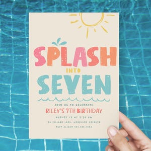 Splash Into Seven Invitation, Summer Girl 7th Birthday Invitation, Hand Drawn Pool Party Invitation Template, Swimming Birthday Evite B761