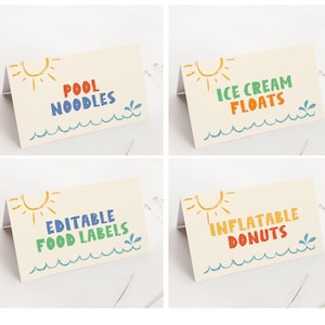 Étiquettes de nourriture pour fête à la piscine, Cartes de nourriture pour anniversaire d'été, Marque-places pour fête de natation, Étiquettes dessinées à la main pour buffet de fête d'anniversaire de plage B762