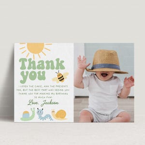 Carte de remerciement d'anniversaire d'été, modèle de carte de remerciement imprimable Garden Party, décoration de fête pour 1er anniversaire de garçon, cotillons mignons B918