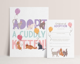 Adopteer een kitten-bord, Adopteer een kat-feestspel, adoptiecertificaat kitten, verjaardagsfeestje meisjes afdrukbaar, Instant Download B968