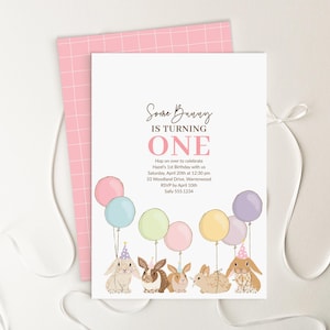 Some Bunny 1st Birthday Invitation, Editable Girl First Birthday Party Invite Template 8137