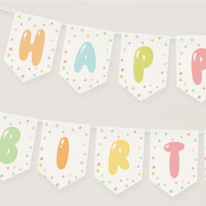 Pancarta de feliz cumpleaños con burbujas, banderines de cumpleaños con letras y globos, decoraciones de arcoíris para fiesta de cumpleaños, plantilla de banderines para fiesta de cumpleaños de niña B914