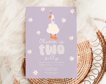 Two Silly Goose Birthday Invitation, Girl Purple 2nd Birthday Silly Goose Invite B829