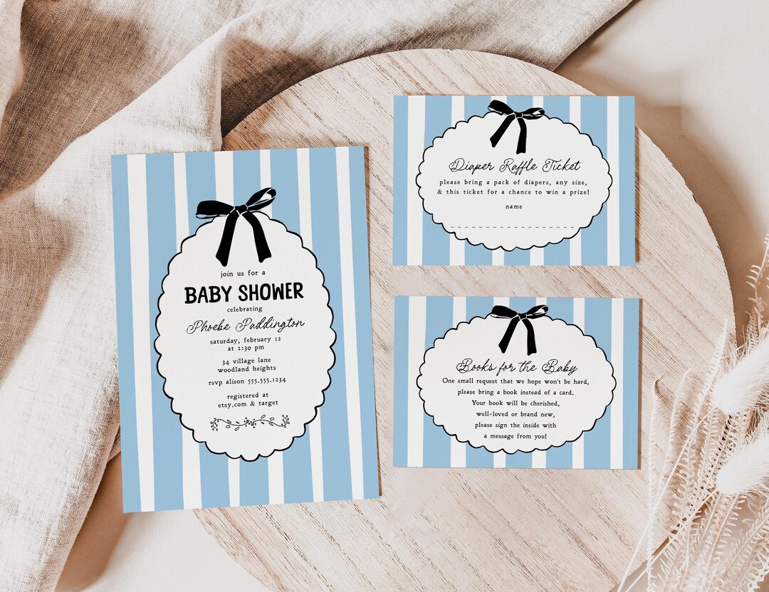 Plantilla de invitación para baby shower con moño para niño, libro ...