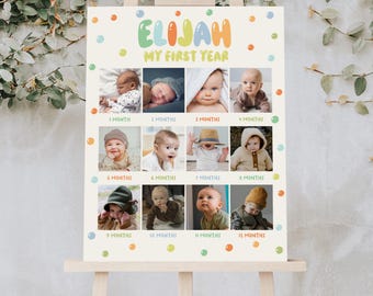 Può includere: Un pannello bianco con il titolo colorato "Elijah My First Year" e dodici foto di un bambino maschio a diverse età. Ogni foto è etichettata con il mese corrispondente.