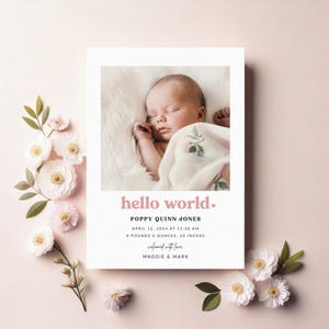 Minimalist Baby Announcement Card, Printable Baby Photo Cards, Editable Girl Baby Announcement, Pink Birth Announcement B700