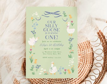 One Silly Goose Birthday Invitation, Spring 1st Birthday Party Invite B843