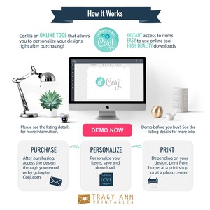 May include: A graphic showing how to use Corjl, an online tool to personalize designs. The graphic shows a computer screen with the Corjl logo, and steps for purchasing, personalizing, and printing designs. The text "PERSONALIZE WITH CORYL" is in a circle with a green background and white text.