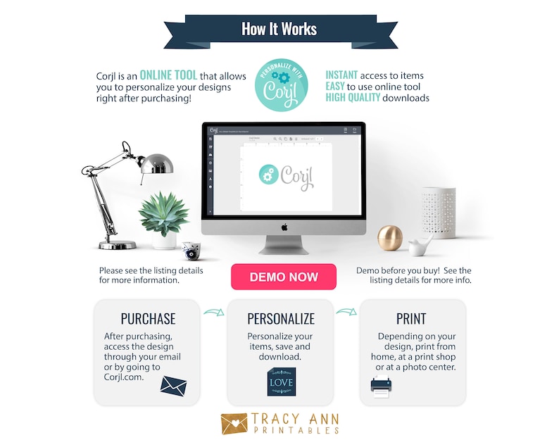 May include: A graphic showing how to use Corjl, an online tool to personalize designs. The graphic shows a computer screen with the Corjl logo, and steps for purchasing, personalizing, and printing designs. The text "PERSONALIZE WITH CORYL" is in a circle with a green background and white text.
