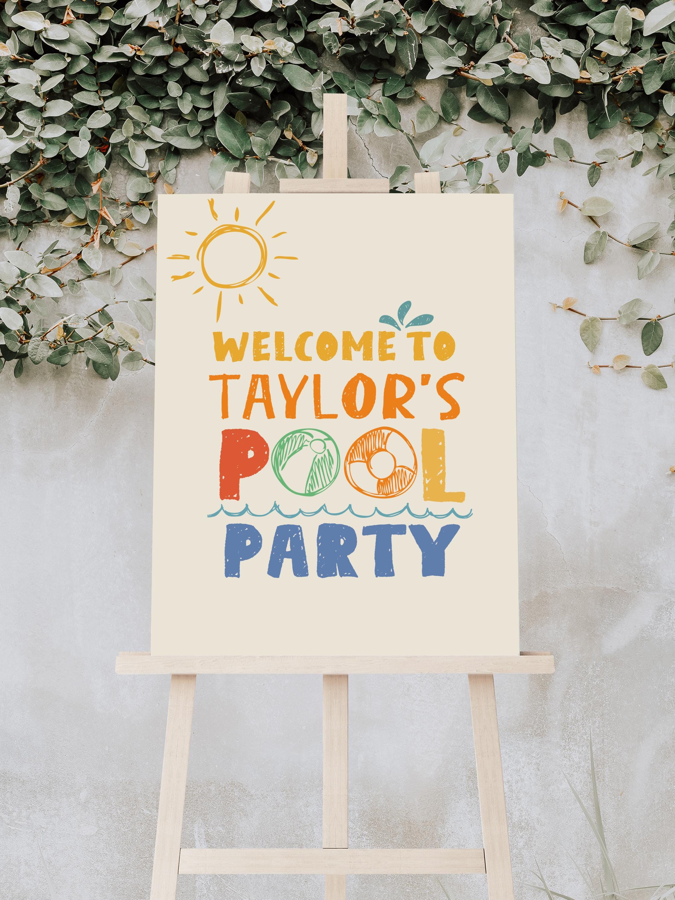 Welkomstbord zwembadfeest, afdrukbare welkomstposter zwemfeest, tekensjabloon zwembad verjaardagsfeestje, afdrukbaar decor zomerverjaardag B762