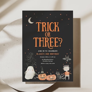 Un tour ou trois faire-part, modèle d'invitation Halloween 3e anniversaire, troisième anniversaire fantasmagorique, invitation imprimable, Halloween Evite B150