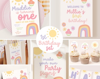 Girl 1st Birthday Pastel Rainbow Party Set, Summer First Birthday Party Decor Bundle 8361