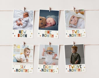 Striscione fotografico per il primo compleanno di un bambino, modello stampabile per foto di traguardo mensile C185