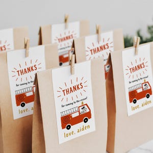 Fire Truck Party Tags, Fire Engine Thank You Tag Template, Boy Birthday Printable Party Bag Tags, Firefighter Birthday Party Decor B351