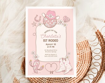 First Rodeo Invitation, Pink Wild West Cowgirl 1st Birthday Party Invite and Evite B363