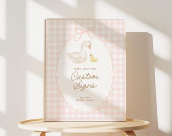 Goose Baby Shower Sign, Girl Baby Shower Signs Printable, Mother and Gosling Shower Decorations, Pink Gingham Shower Decor Printable B866