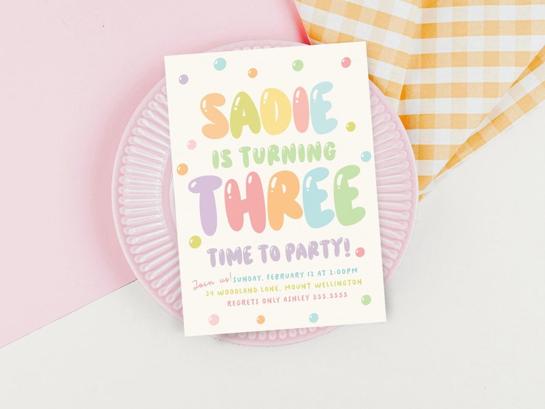 Balloon 3rd Birthday Invitation, Girl Third Birthday Party Invite