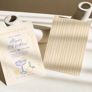 May include: A yellow and white striped card with the text "Join us to celebrate Alison's 30th birthday! August 10 7 till late Jacob & Jen's Place 20 Mountain Highway Woodland Heights RSVP Jacob 111.1234" and a blue and yellow illustration of a cocktail glass with a lemon slice.
