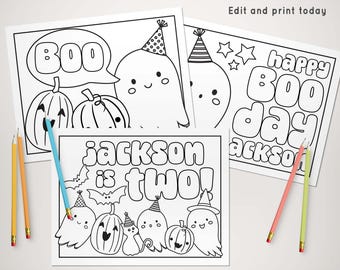 Halloween Coloring Pages, Two Spooky Coloring Sheets Printable, Ghost 2nd Birthday Party Activities, Boy Second Birthday Games B200