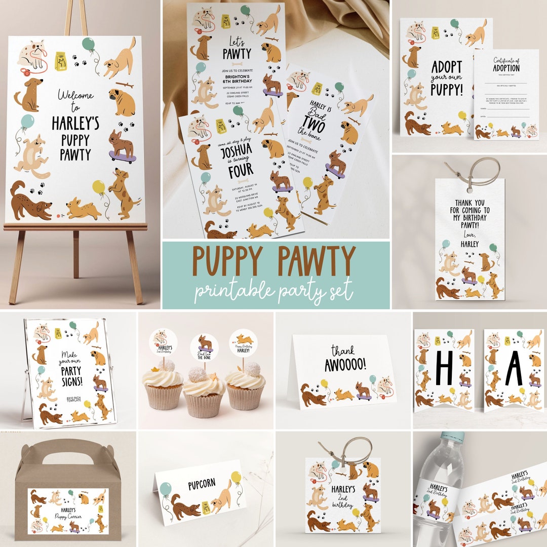 Dog Birthday Decor Bundle Printable Puppy Party Set Editable Invitation Template and Decorations ...
