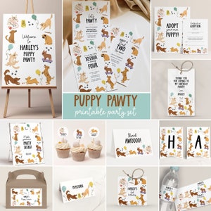 Paquete de decoración de cumpleaños para perros, set imprimible para fiesta de cachorros, plantilla de invitación editable y letreros de decoración, tema de cachorros Bad Two the Bone B110