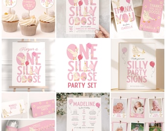 One Silly Goose Invitation Bundle, Pink Silly Goose Birthday Party Invite, Printable Party Decorations, Whimsical Girl 1st Birthday Set B927