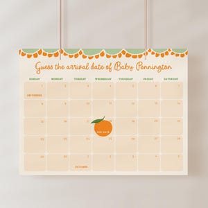 Little Cutie Baby-Dusche-Kalender, Clementine Errate das Fälligkeitsdatum Kalender Vorlage, Orange Baby-Dusche-Spiele, Citrus Baby-Dusche-Dekor B931