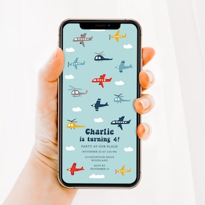 Invito telefonico per compleanno aereo, invito modificabile per festa aereo, invito digitale per festa di compleanno 4° ragazzo, invito elettronico minimalista B310