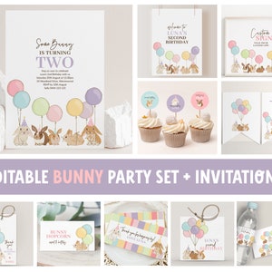 Bunny Birthday Invitation, Bunny Rabbit Party Set, Editable Birthday Templates for Bunny Birthday, Decorations Printable Birthday Suite 8137
