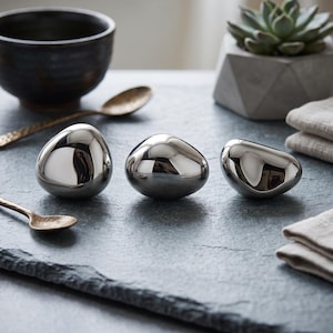 May include: Three smooth, polished silver-toned metal objects with an irregular, rounded pebble-like shape. Each piece features a highly reflective, mirror-like surface that captures the surrounding light and environment in its curved contours.