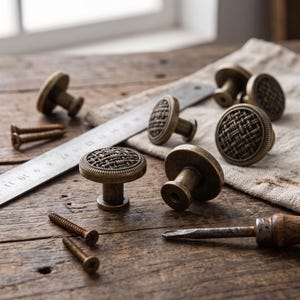 May include: A collection of round, antique brass-finished cabinet knobs featuring a textured, woven-style pattern on the face. The set includes several knobs, matching screws, and a metal ruler showing measurements in centimeters.